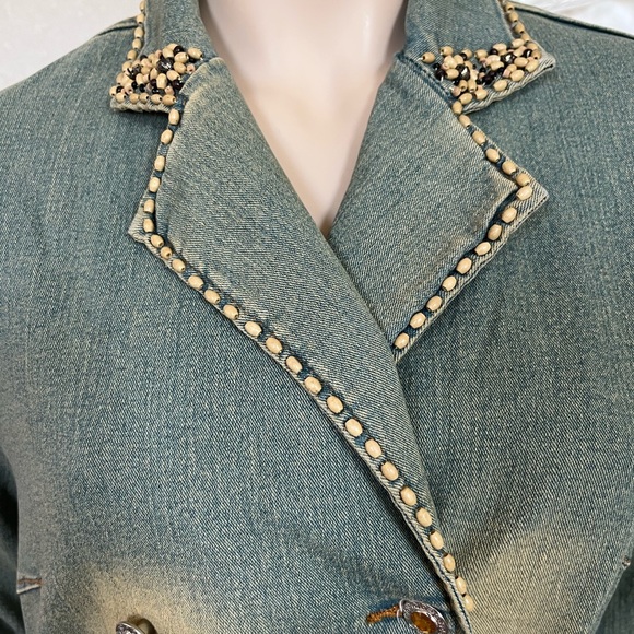 Vintage Kaity Jean Jacket Belted Button Front Bead Lace Sleeve Size Medium - Picture 7 of 16